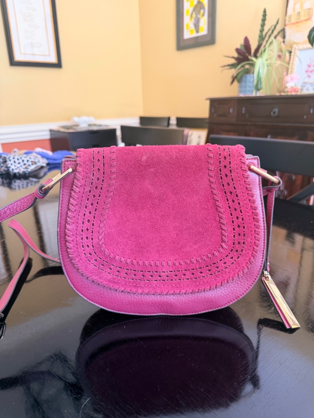 Vince Camuto Kirie Suede and Leather Crossbody Saddle Bag in Burgundy